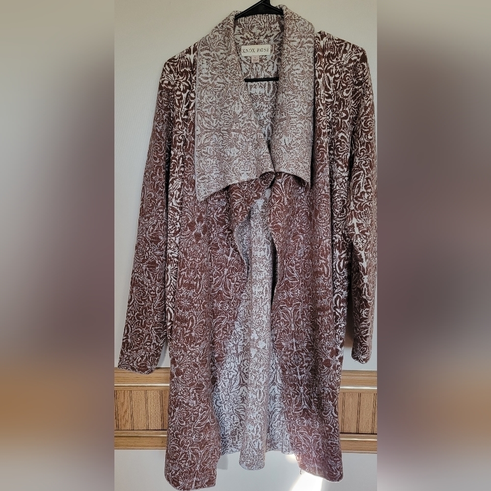 Knox Rose Waterfall Collar Long Line Jacquard Soft Knit Cardigan Size Large
